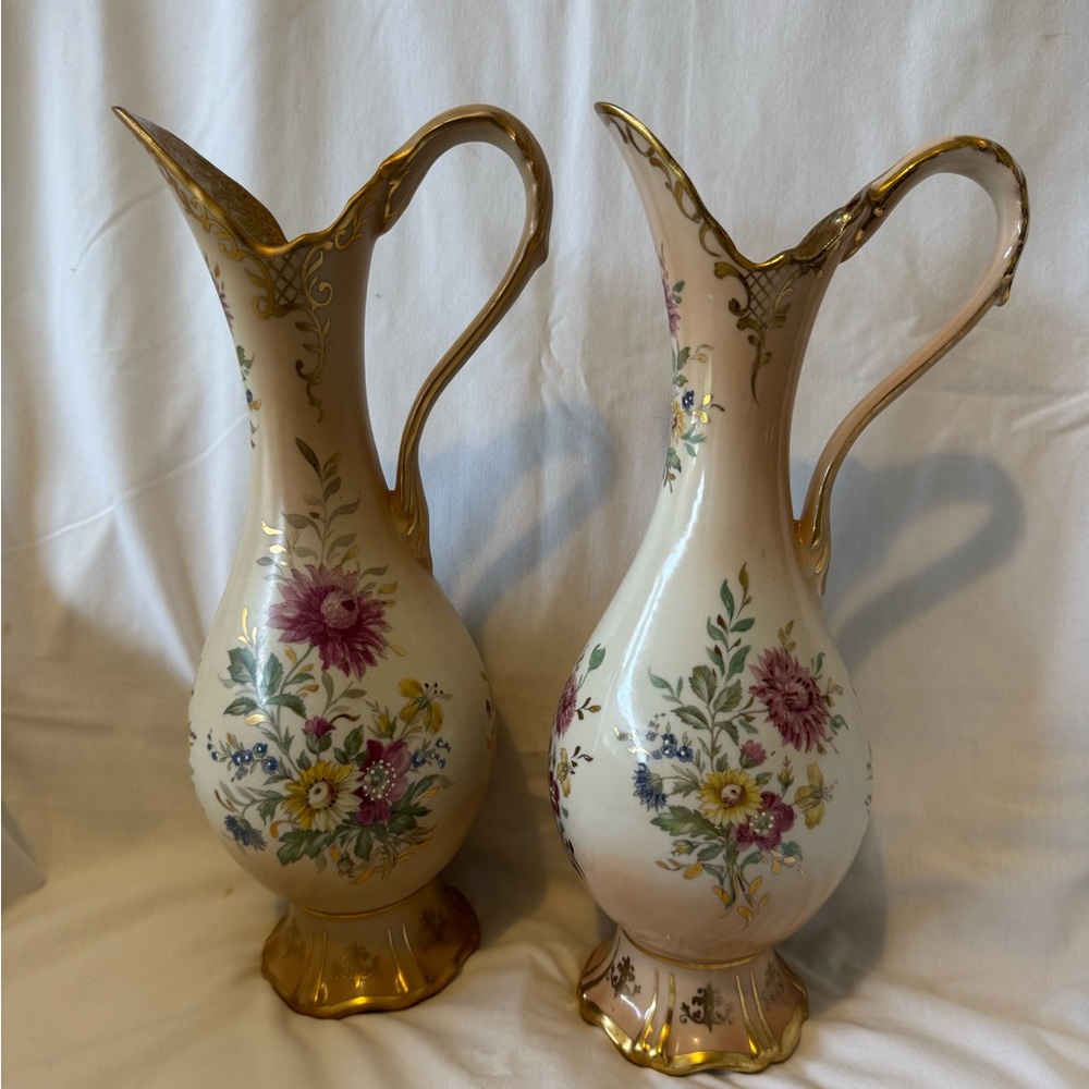 Floral Gold-Trimmed Porcelain Pitchers